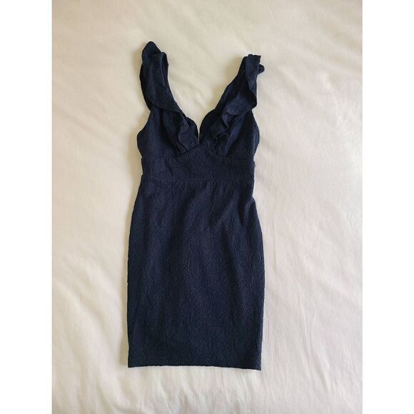 Lulu's Ruffle Neck Mini Lace Dress Women's Small Navy Blue Sleeveless Wide Strap - Picture 6 of 6